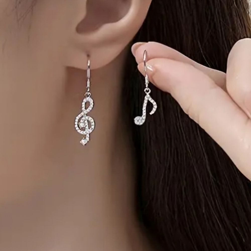 Silver Colored Rhinestone Music Note Earrings 🎵